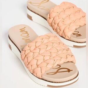 Sam Edelman Ainslie Peach Pearl Open Round Tow Braided Strap Flat Slide Sandal